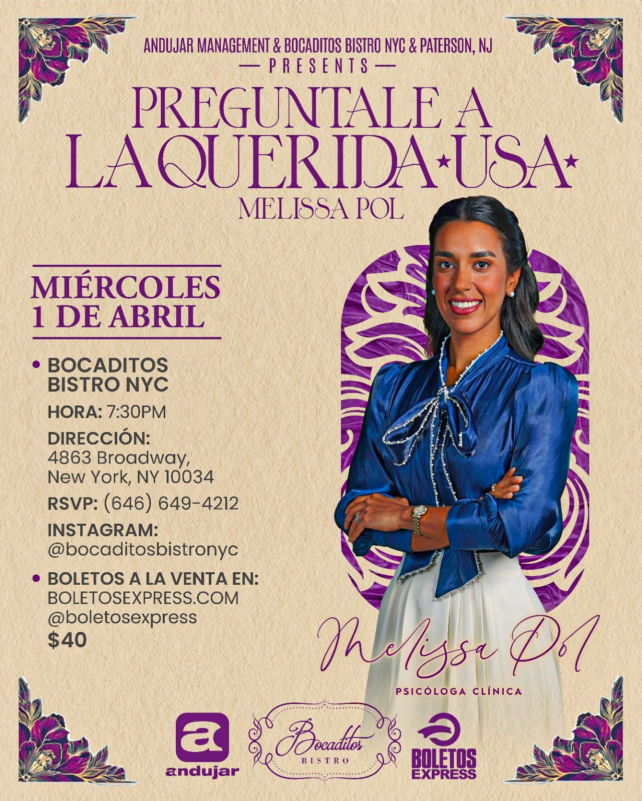 Buy tickets for Melissa Pol - Bocaditos Bristo NYC Melissa Pol - Bocaditos Bristo NYC