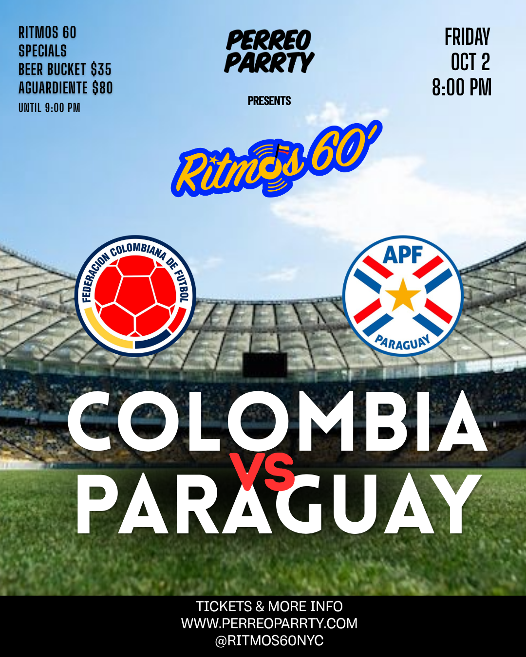 Buy tickets for Colombia vs Paraguay - Soccer Game Watch Party at Ritmos 60 Salsa Bar Colombia vs Paraguay - Soccer Game Watch Party at Ritmos 60 Salsa Bar